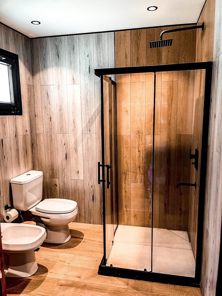 Bathroom with a glass-enclosed shower