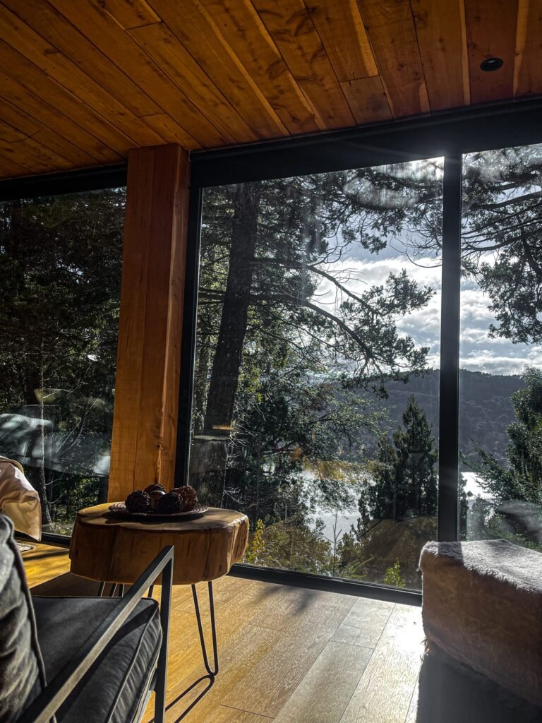 Lounge corner with an armchair by the window overlooking the lake